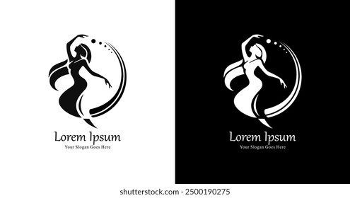 Logo design in the form of a silhouette of a dancing woman with thick and long hair