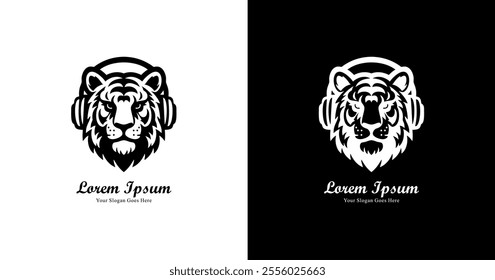 logo design in the form of a tiger head wearing headphones