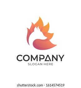 Logo design of fox silhouette inside fire shape, animal mascot logo template, flame vector illustration