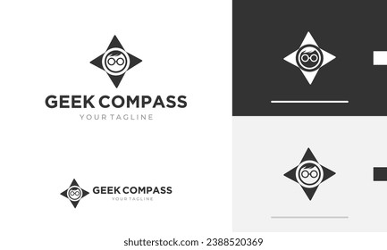 Logo design geek face genius smart pin location travel vision eyeglass optic compass route navigation icon symbol logotype sign vector design template modern simple flat emblem business web favicon