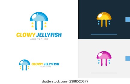 Logo design geometric animal jellyfish octopus glow colorful playful fish sea water blue tech business icon symbol logotype sign vector design template modern simple flat emblem business web favicon