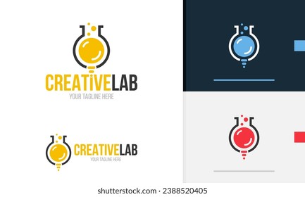 Diseño de logotipo material químico geométrico tubo de laboratorio molécula líquida científico de la bombilla del átomo iluminar inteligente símbolo de icono logotipo signo de vector plantilla de diseño moderno sencillo emblema plano negocio favicon web