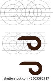 Logo design, geometric construction, circular grid, overlapping circles, minimalist, brown letter G, symmetry, negative space, vector graphics, guide lines, brand identity, modern typography, abstract