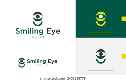 Logo design geometric eye ball with smile line below showing happy face expression emotion for technology company icon symbol sign futuristic vector design template modern flat business web favicon