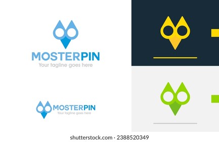 Logo design geometric owl face pin genius geek travel journey eye vision marker smart monster tech icon symbol logotype sign vector design template modern simple flat emblem business web favicon