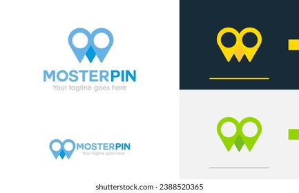 Logo design geometric owl face pin genius geek travel journey eye vision marker smart monster tech icon symbol logotype sign vector design template modern simple flat emblem business web favicon