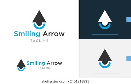 Logo design geometric sharp arrow design showing direction to location with smile face for technology company icon symbol sign futuristic vector design template modern simple flat business web favicon