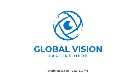 Design de logotipo visão global, globo, olho, lente, câmera, minimalista, tecnologia, ícone de design de logotipo, vetor, símbolo, ideia, criativo. Ilustração vetorial.