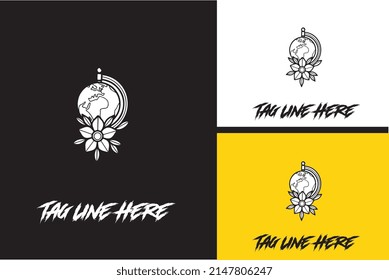logo design of globe and flower vector black and white