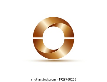 Logo Design Glossy Metallic Semi Circles. Bronze alphabet, impossible letter O symbol. 3D zero number vector metal circle sign isolated on white background 