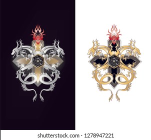 Logo design with Golden and silver graphics Dragons on cross 