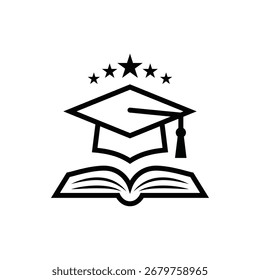 Logo design of Graduation cap on open book with stars above, symbolizing education and achievement
