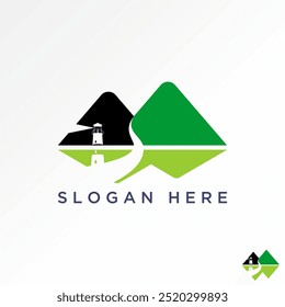 Logo design graphic concept abstract creative premium vector stock two mountains with light house river road shadow. Related to landscape view island