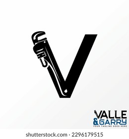 Logo design graphic concept creative abstract premium free vector stock letter V font with plumbing pipe wrench lock. Related monogram water service