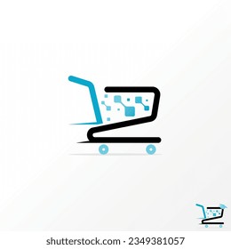 Diseño de logotipo concepto gráfico creativo abstracto material vector premium rápido carrito de compras con signo técnico. La velocidad de compra del ecommerce relacionado se traslada al mercado