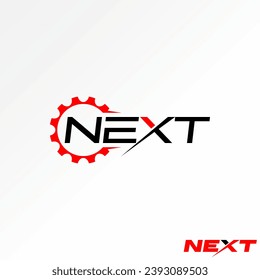 Diseño de logotipo concepto gráfico creativo material vector abstracto premium letra única letra NEXT fuente con engranaje. Relacionado con la máquina rápida de la tipografía monográfica
