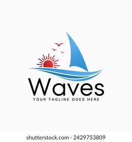 Diseño de logotipo concepto gráfico creativo premium abstracto vector stock signo velero barco aves olas y playa puesta de sol. Relacionado yate sailor ocean island