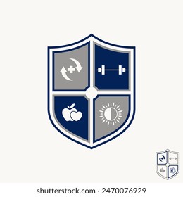 Diseño de logotipo concepto gráfico creativo de Vector premium escudo de stock protector de seguridad deporte fitness cuerpo nutrición estilo de vida. Relacionar la dieta con la vitamina