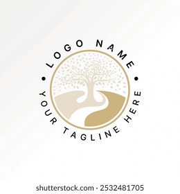 Design de logotipo conceito gráfico criativo abstrato premium vetor natureza planta árvore grande folhas rio em torno do círculo. Relacionar com floresta botânica parque madeira