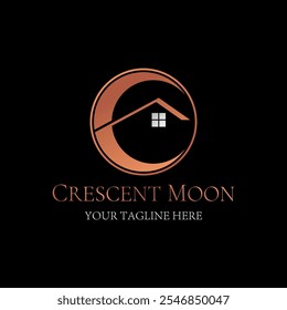 Logo design graphic concept creative premium vector stock image graphic crescent moon home line roof house on night stars Related to property mortgage