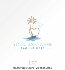 Logotipo design conceito gráfico criativo premium vetor stock gráfico amigável odontológico aves ilha onda de coco árvore. Relacionadas férias de restauração relaxado