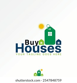 Design de logotipo conceito gráfico criativo premium vetor stock imagem gráfico texto palavra Comprar Casas construindo sol brilhante casa preço tag para propriedade hipoteca