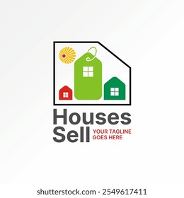 Design de logotipo conceito gráfico criativo premium vetor stock imagem gráfico texto palavra Casas Venda edifício brilhante sol casa preço tag para propriedade hipoteca