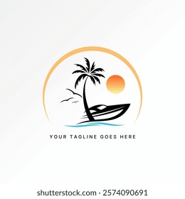 Logo design graphic concept creative premium vector stock image graphic palm boat bird wave sunset island travel tourism to yacht surf exotic paradise