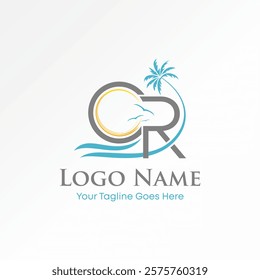 Logo design graphic concept creative premium vector stock image graphic initial CR font palm birds wave sunset island travel tourism exotic paradise