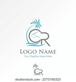 Logo design graphic concept creative premium vector stock image graphic initial CR font palm birds wave sunrise island travel tourism exotic paradise