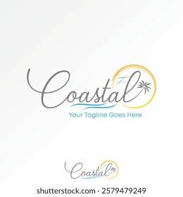 Logo design graphic concept creative premium vector stock image graphic text Coastal font palm birds wave sunset island travel tourism exotic paradise