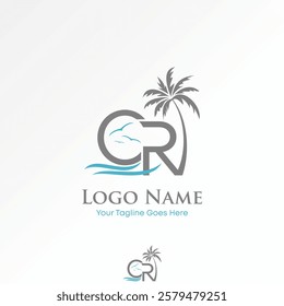 Logo design graphic concept creative premium vector stock image graphic initial CR font palm birds wave sunset island travel tourism exotic paradise