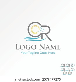 Logo design graphic concept creative premium vector stock image graphic letter CR font beach sunrise birds wave island travel tourism exotic paradise