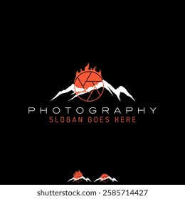 Logo design graphic concept creative premium vector stock image graphic fire flame peak mountain capture camera photography adventure vacation forest