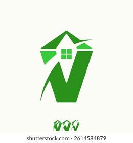 Logo design graphic concept creative premium vector stock image top sell initial V sans serif font with roof house cut swoosh monogram property home