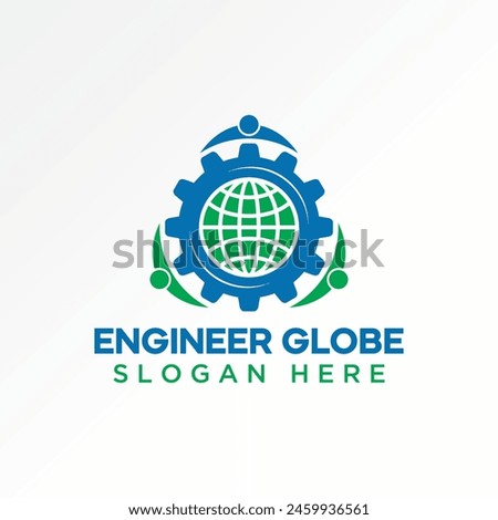 Logo design graphic creative premium concept vector stock abstract unique world globe with gear and human body hold. Related community group engineer