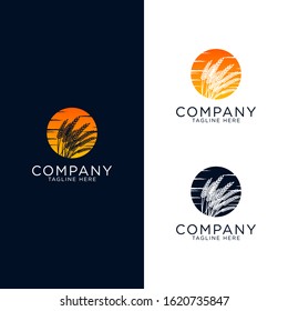 logo design grass weeds with sunset vintage style