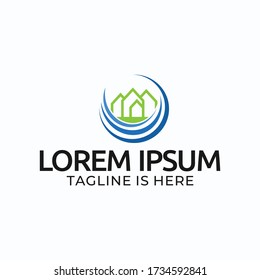 Logo design of a green building surrounded by blue objects.