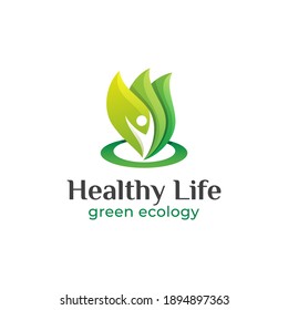 logo design of green leaves with human or people and healthy lifestyle