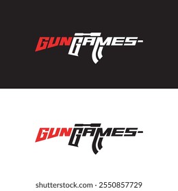 Diseño de logotipo para Juegos de pistola con tipografía en rojo y blanco sobre un fondo blanco y negro contrastante. Ideal para marcas de juegos y desarrolladores de juegos de disparos.