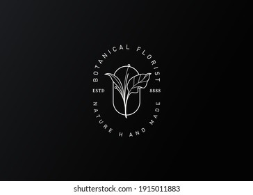 Logo Design of Hand Drawn Botanical Plant with Round Line. Vintage Modern Vector Line Art Design Template