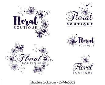 The logo design with hand drawn ink flowers and splashes. Black and white artistic decorative element. Idea. Floral boutique.