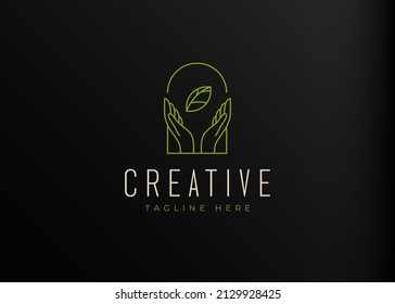 Logo Design of Hand Gesture with Leaf. Vintage Modern Logo Line Art Design Template