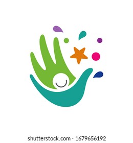 Logo design of hand and kid. Childcare logo. Modern education colorful logo style