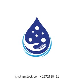 Logo design of hand and water drop. Simple flat style. Washing hand logo template.