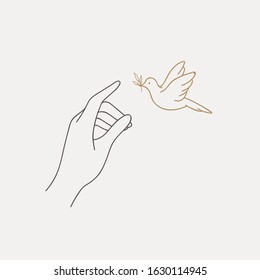 Logo design of hands with bird. Modern template in trendy linear minimal style. Vector abstract emblem, symbol for tattoo design, cosmetics and packaging, jewellery, hand made or beauty products