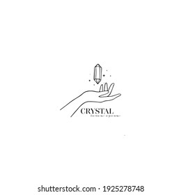 Logo design of hands with crystals. Modern template in trendy linear minimal style. Vector abstract emblem, symbol for tattoo design, cosmetics and packaging, jewellery, hand made or beauty products