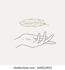 Logo design of hands with feather. Modern template in trendy linear minimal style. Vector abstract emblem, symbol for tattoo design, cosmetics and packaging, jewellery, hand made or beauty products