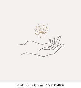 Logo design of hands with flower. Modern template in trendy linear minimal style. Vector abstract emblem, symbol for tattoo design, cosmetics and packaging, jewellery, hand made or beauty products