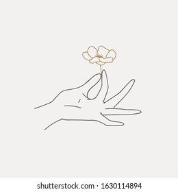 Logo design of hands with flower. Modern template in trendy linear minimal style. Vector abstract emblem, symbol for tattoo design, cosmetics and packaging, jewellery, hand made or beauty products